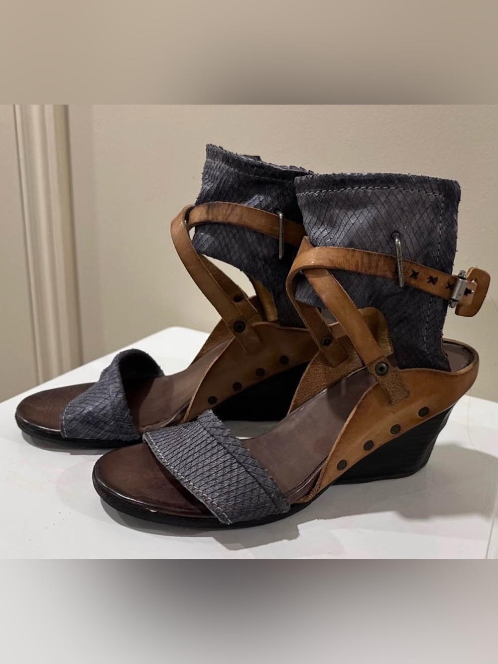 A.S.98 Slate Blue and Brown Leather Wedge Sandals